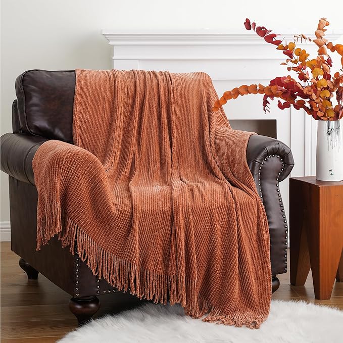 BATTILO HOME Rust Orange Throw Blanket for Couch, Soft Chenille Knit Throws with Tassels for Home Decor, Spring Caramel Throws for Couch Cover, 50"x60"