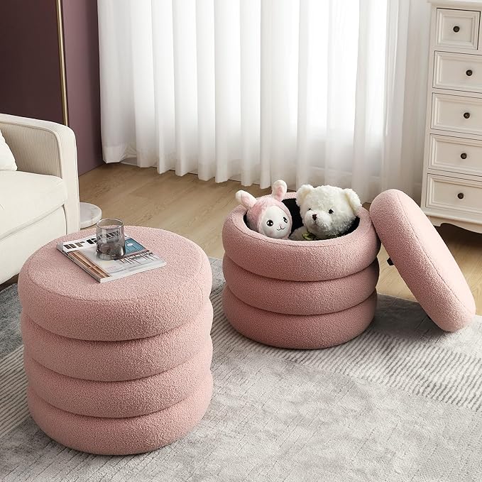 Flouki 20.1" Storage Ottoman Round, Vanity Stools for Bedroom, Sherpa Pouf Ottoman with Removable Lid, Modern Ottoman Stool for Girls Women, Foot Stool for Living Room, Pink