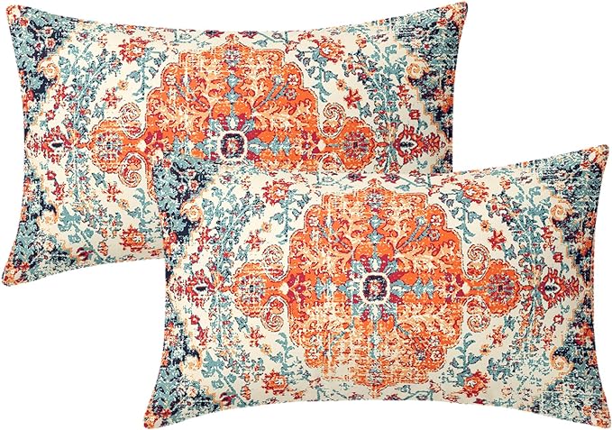 Orange Blue Ethnic Boho Lumbar Pillow Covers 12x20 Inch Bohemian Carpet Vintage Rust Coral Floral Pillow Cases for Couch Farmhouse Rectangle Rustic Rug Pillow Cases for Bed Patio Outdoor Indoor Set 2