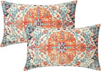 Orange Blue Ethnic Boho Lumbar Pillow Covers 12x20 Inch Bohemian Carpet Vintage Rust Coral Floral Pillow Cases for Couch Farmhouse Rectangle Rustic Rug Pillow Cases for Bed Patio Outdoor Indoor Set 2