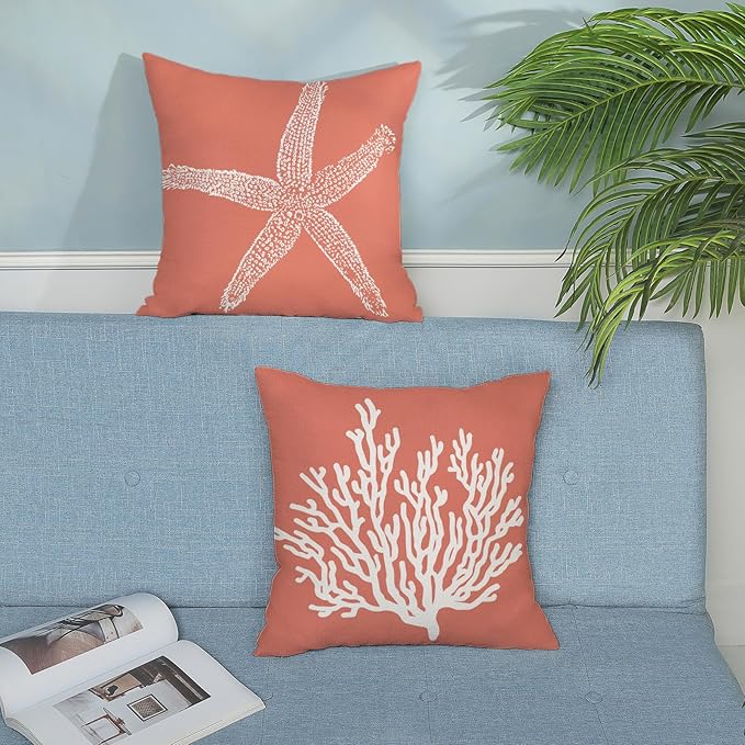 Orange Starfish Pillow Covers 20x20 Inch Set of 2, Nautical Ocean Coastal Coral Throw Pillows Spring Summer Decorations Linen Pillowcase Outdoor Decor Farmhouse Cushion Case for Home Holiday