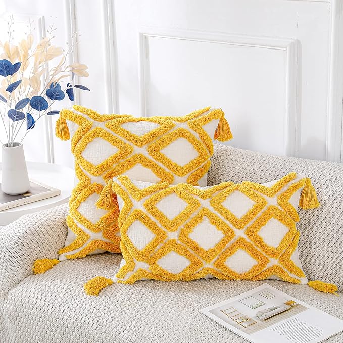 PANOD Super Soft Farmhouse Decorative Plush Throw Pillow Covers 26 x 26 Yellow,Solid Diamond Pattern Tufted with Tassels Modern Accent Boho Square Cushion Cover Pillow Case for Couch Sofa