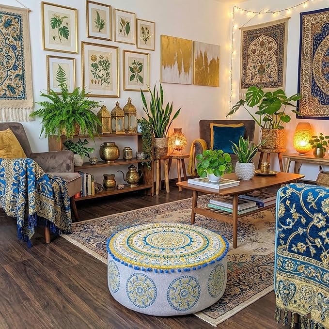 Boho Floor Pillow Cover Round Moroccan Large Pouf Ottoman Room Décor Cushion for Meditation Yoga and Boho Chic Bohemian Furniture Perfect for Living Room, Bedroom, Nursary or Children Room Unstuffed