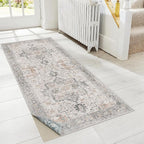 GENIMO 2.5x6 Reversible Runner Rugs for Hallway, Machine Washable Non Slip Vintage Rugs with Pad, Low Pile Lightweight Soft Print Rug for enrtyway, Corridor, Home, Office, Kitchen, Taupe & Blue