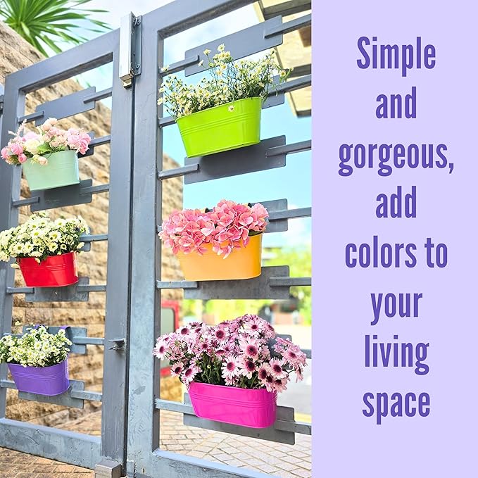 LaLaGreen Outdoor Hanging Planter (11.2 Inch, 6 Pack) Light Blue, Neon Pink, Dark Purple, Yellow, Red Metal Iron Window Box Flower Pot Deck Railings Fence Buckets Modern Boho Style Home Garden Decor