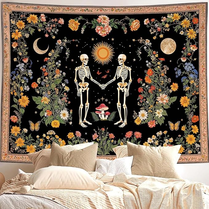 Wegklazax Skull Moon and Flowers Tapestry, Bohemian Hippie Gothic Wall Hanging for Room Decor, Mystical Altar Home Decor 90L x 70W