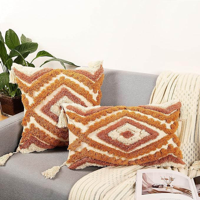Merrycolor Boho Lumbar Throw Pillow Cover 12x20 inch,Bohemian Tufted Decorative Pillow Covers with Tassels for Couch Sofa Bedroom Living Room
