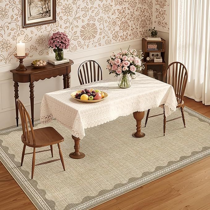 GarveeHome Scalloped Washable Area Rug 6x9 Rugs for Living Room Soft Low-Pile Solid Tan Jute Digital Printing Thin Carpet for Bedroom Dining Nursery Non Slip Mat with Rubber
