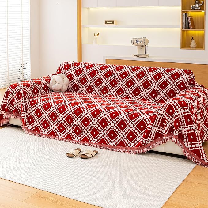 Reversible Couch Cover Blanket, Christmas Couch Cover, Chenille Sofa Cover Blanket, Christmas Sofa Covers Washable, 71"×102" Couch Covers for Recliner & Chair (1PC, Red, Loveseat)