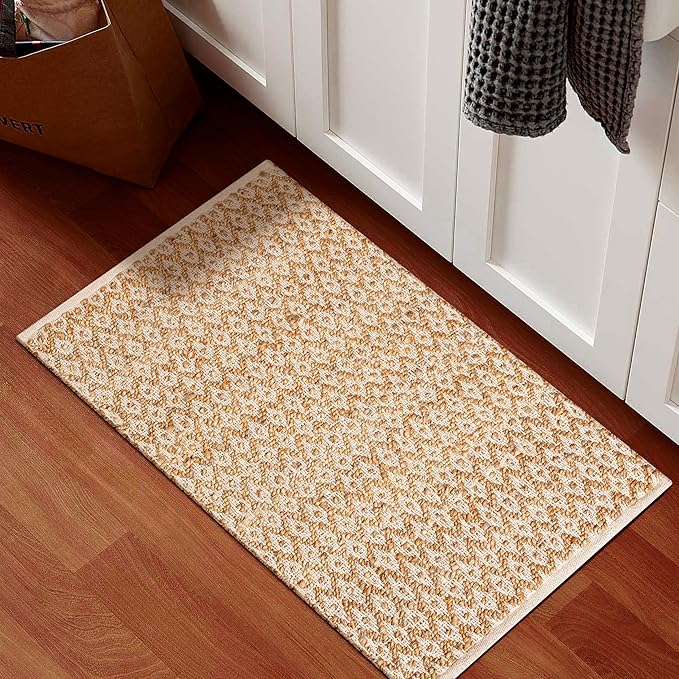Jute Cotton Diamond Hand Woven Rug 2x3 Feet - Natural White, Farmhouse Oudoor Indoor Floor Carpet Rugs Ideal for Entryway, Kitchen, Nursary | Accent Reversible Beige Door Mat for Home Décor