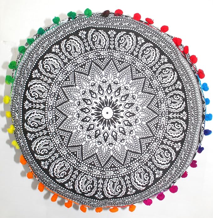 CRAFT KALA Black Elephant Flower Large Hippie Mandala Meditation Floor Ottoman Pillow Cushion Pouf Cover Square Poufs Bohemian Floor Cushion Case Outdoor Fireplace Living Room Decor Cover 24" Round