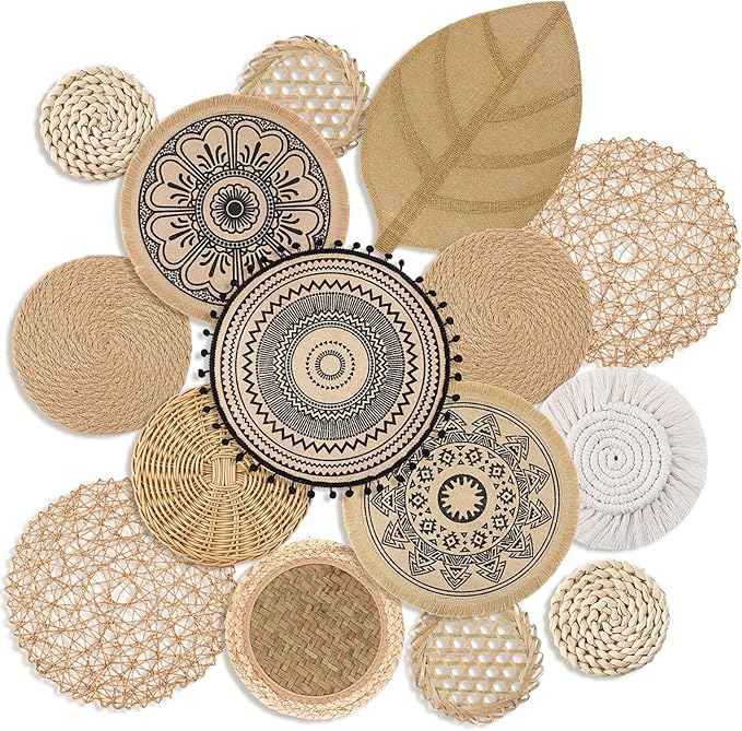 15 Pcs Boho Wall Basket Decor Brown Woven Rattan Seagrass Decor Hanging Rustic Farmhouse Western Wall Art Decoration for Nursery Living Room Bedroom Home Kitchen