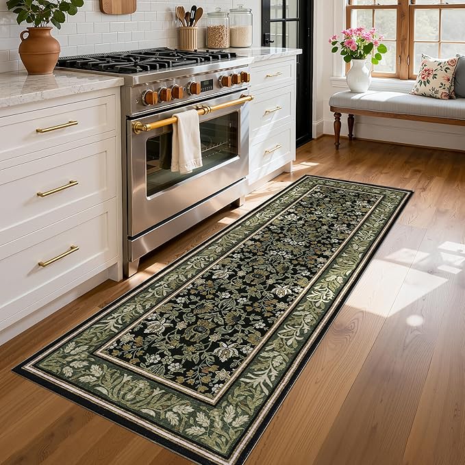 GarveeHome Kitchen Runner Rug 2.5x8 Runner Rug Non Slip Washable Runners for Hallways, Boho Vintage Rugs with Rubber Backing Soft Low-Pile Indoor Carpet for Entryway Bedroom Laundry Green Black