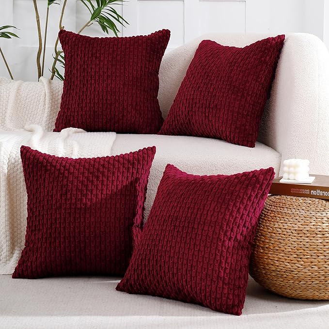 VAKADO Couch Christmas Decorative Throw Pillow Covers Corduroy 26x26 Set of 4 Red Home Living Room Neutral Rustic Farmhouse Cushion Case Decor Boho Square for Bed Sofa