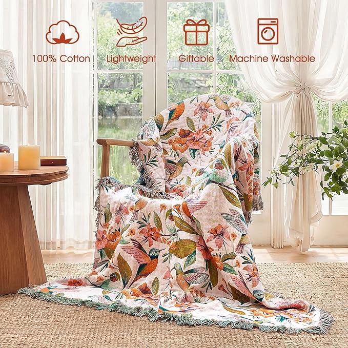 Boho Throw Blanket - 50"x60" 100% Cotton Ultra Soft Lightweight Spring Blanket, 4-Layer Breathable Muslin Blankets for Bed Couch, Reversible Blue Floral Bird Printed Bohemian Cotton Quilt