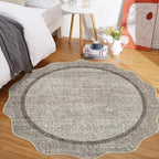 GarveeHome Scalloped Washable Round Rugs, Non-Slip Soft Round Rug 4 ft Ultra-Thin, Small Boho Circle Stain Resistant Low Pile Carpet for Entryway Kitchen Bedroom Nursery Bathroom, Brown