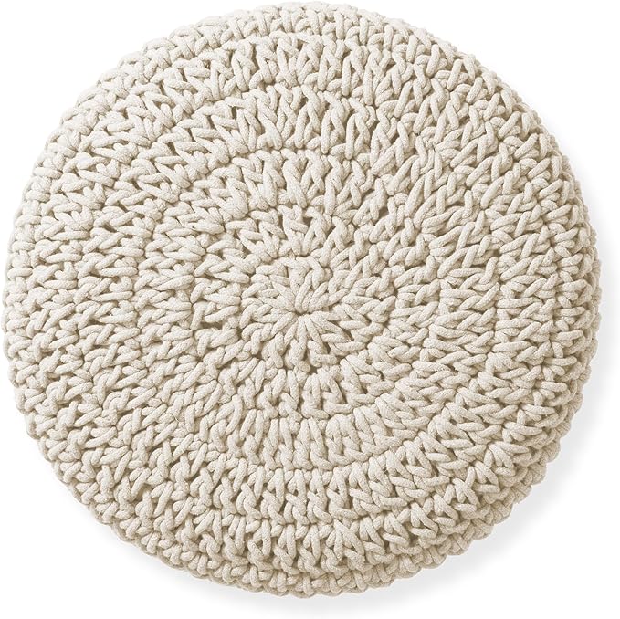 Casafield Pouf Ottoman Footstool, 13" Round x 11" High, Hand-Knitted Cotton Footrest, Non-Skid Wood Legs, Boho Foot Stool for Living Room, Bedroom (Natural)