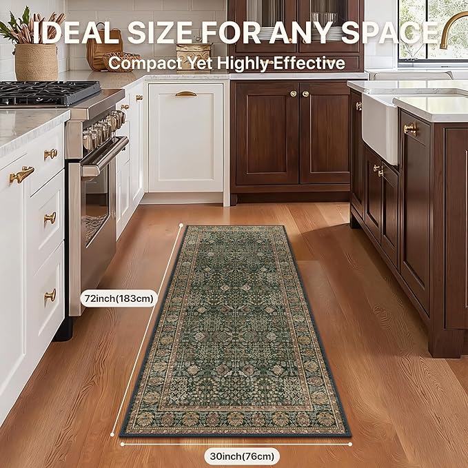 Bavni 2'6''x6 Rug Runners for Hallways, Washable Runner Rug Non Slip, Vintage Floral Print Style Rugs for Bedroom-Lightweight Low Pile Carpet for Hallways Bathroom, Dark Green/Multi