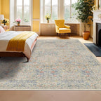 7x10 Washable Rug for Living Room - Stain Resistant Dining Room Rugs for Under Table, Soft Low Pile Large Carpet for Bedroom - Vintage Floral Non-Slip (Beige Blue)