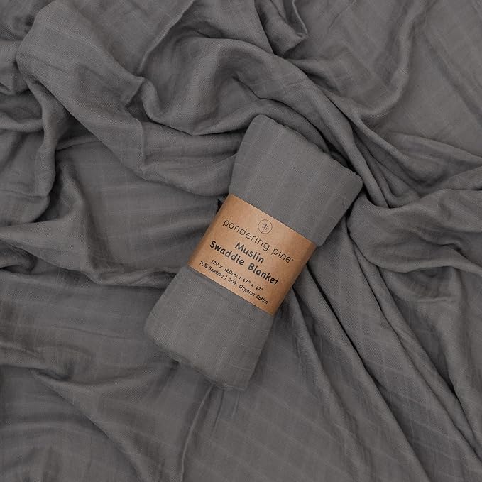 Organic Baby Muslin Swaddle Blankets - Solid Grey and Blue Swaddle Blanket 2 Pack - Soft Organic Cotton and Natural Bamboo Muslin, XLarge and Breathable, 47" X 47"