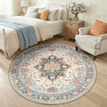 Area Rugs 5ft Washable Non-Slip, Floral Vintage Distress Print Pattern Medallion Carpet for Living Room Bedroom Dining Room, Beige Navy Blue Orange Colorful