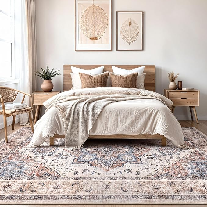 Washable Rug 9x12 Area Rugs: Boho Vintage Distressed Oriental Medallion Neutral Thin Large Rug Carpet for Living Room Bedroom Dining Room Home Office Decor - Camel