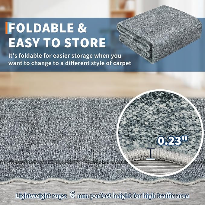 GarveeHome Scalloped Washable Area Rugs 9 x 12 Rug for Living Room Modern Rug Non Slip Throw Rugs Large Bedroom Rugs Low Pile Stain Resistant Carpet for Dining Room Nursery 9'x12' Grey
