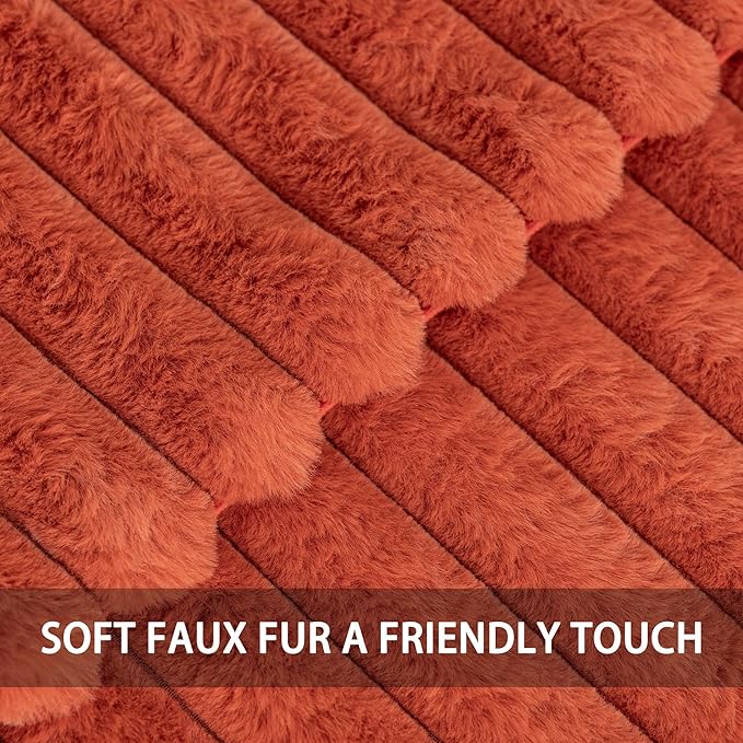 Pack of 2 Faux Fur Christmas Throw Pillow Covers 18x18 Inch, Soft Plush Striped Neutral Couch Pillow Cover, with Velvet Back Modern Home Decor for Sofa Living Room Couch Bed Rust
