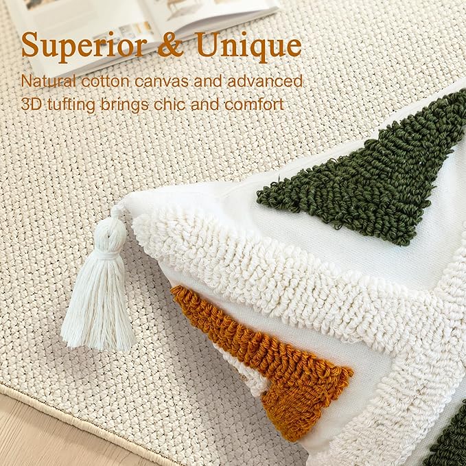 Boho Throw Pillow Covers 12x20 Inch Green Brown Tufted Lumbar Pillow Case with Tassels, Bohemian Farmhouse Decorative Cushion Cover for Couch Bed Sofa Chair Bedroom Living Room Home Decor,X