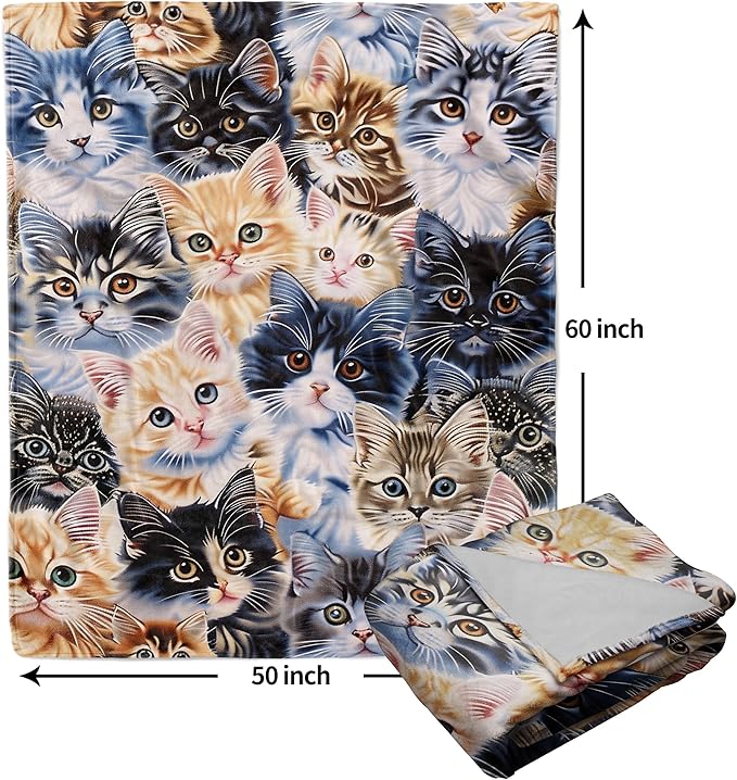 Cute Cat Blanket Soft Flannel Lightweight Kitten Cats Animals Pet Print Throw Blanket Cozy Warm Blankets All Seasons Living Room Decor for Kids Adults Cat Lovers Use On Sofa Bed Office 50x60 inch