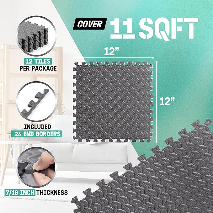 Yes4All EVA Interlocking Mats, Puzzle Floor Tiles, Foam Floor Padding with Border for Furniture, Home Space, Living Room, Garage 11,15,32,99 SQFT