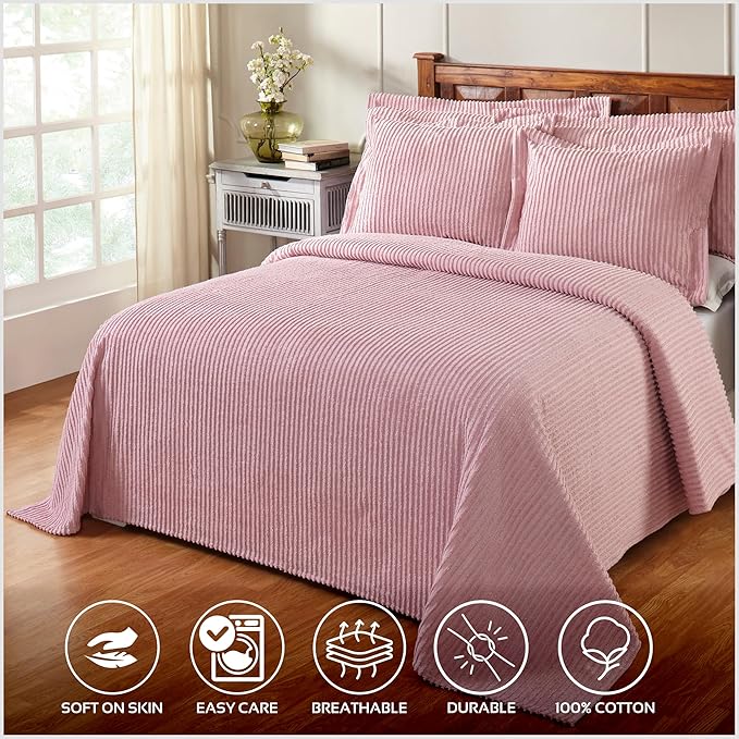 Better Trends Chenille Bedspreads Twin Size, Pink 100% Cotton Chenille Stripe Design Tufted Bedding Coverlet Soft Lightweight, 96"x110" with 1 PC Sham 2 Pieces Set Jullian Collection