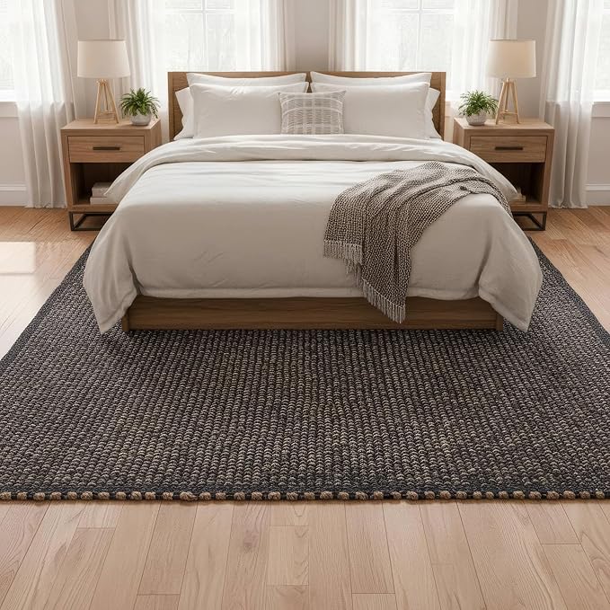 Charcoal Gray 8x10 Cotton Jute Rug Braided Construction - Farmhouse Woven Carpet - Mid-Century Modern Floor Covering for Bedroom Living Room, 8' x 10'