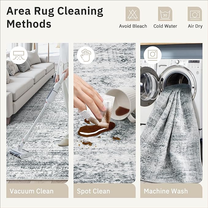 9x12 Area Rugs for Living Room, Non Slip Machine Washable Vintage Rugs, Low Pile Lightweight Large Rug for Bedroom, Dining Room, Home Office Grey
