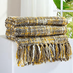 Multi-Color Gold Cable Woven Throw Blanket for Couch,50"X60" Boho Style Textured Blankets for Home Decor,Super Soft Warm Cozy Chunky Blanket with Decorative Tassels for Bed and Sofa