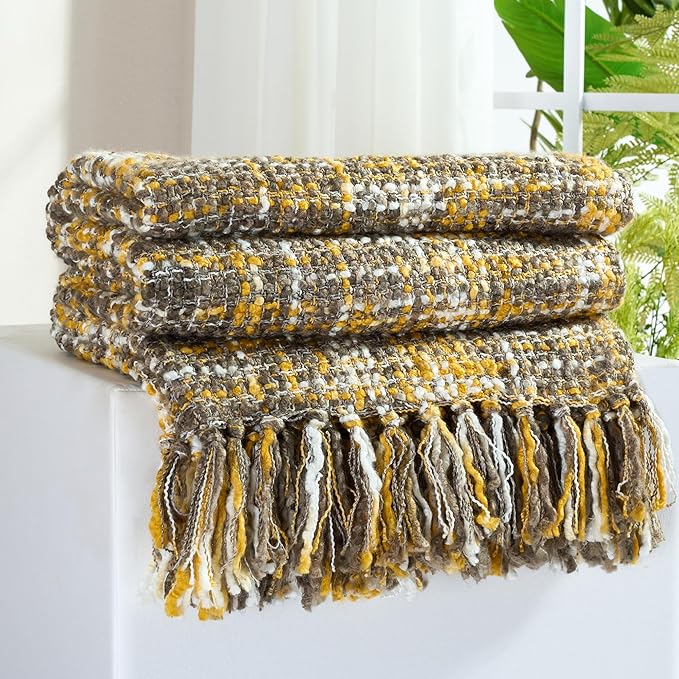 Multi-Color Gold Cable Woven Throw Blanket for Couch,50"X60" Boho Style Textured Blankets for Home Decor,Super Soft Warm Cozy Chunky Blanket with Decorative Tassels for Bed and Sofa