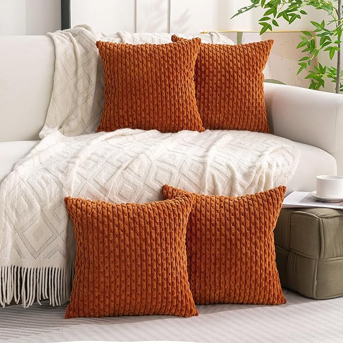 Set of 4 Burnt Orange Decorative Throw Pillow Covers 22x22 Inch Corduroy Pillow Covers for Bed Couch Sofa Living Room Soft Square Cushion Cases