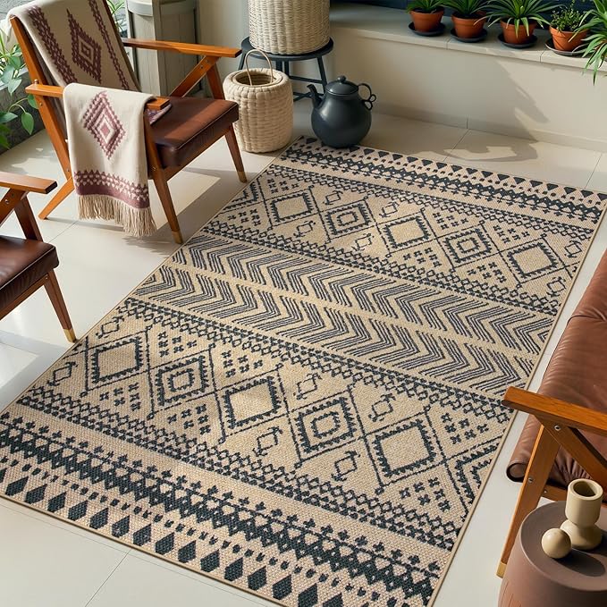 Lahome Easy Jute Boho Area Rugs for Entryway, 3x5 Washable Rug Non Slip Indoor Outdoor Carpet, Small Geometric Print Distressed Rugs, Low Pile Front Door Carpet for Porch Balcony