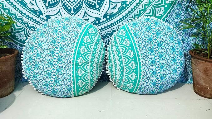 CRAFT KALA Mandala Floor Pillow Cushion Cover Seating Throw Cover Hippie Decorative Bohemian Ottoman Poufs Pom Pom Pillow Cases Boho Indian Cotton Living Room Home Décor 24" Round Set Of 2 Green Ombre
