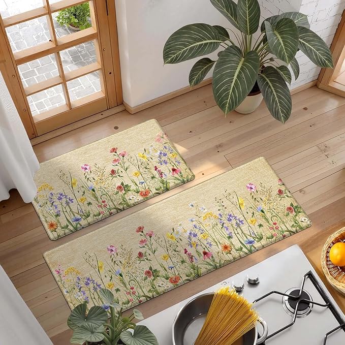Kitchen Rug Mats for Floor Cushioned Anti Fatigue Floral Kitchen Rugs Sets of 2 Farmhouse Wildflowers Non Slip Waterproof Comfort Memory Foam Standing Floor Mat for Office Laundry Sink Desk