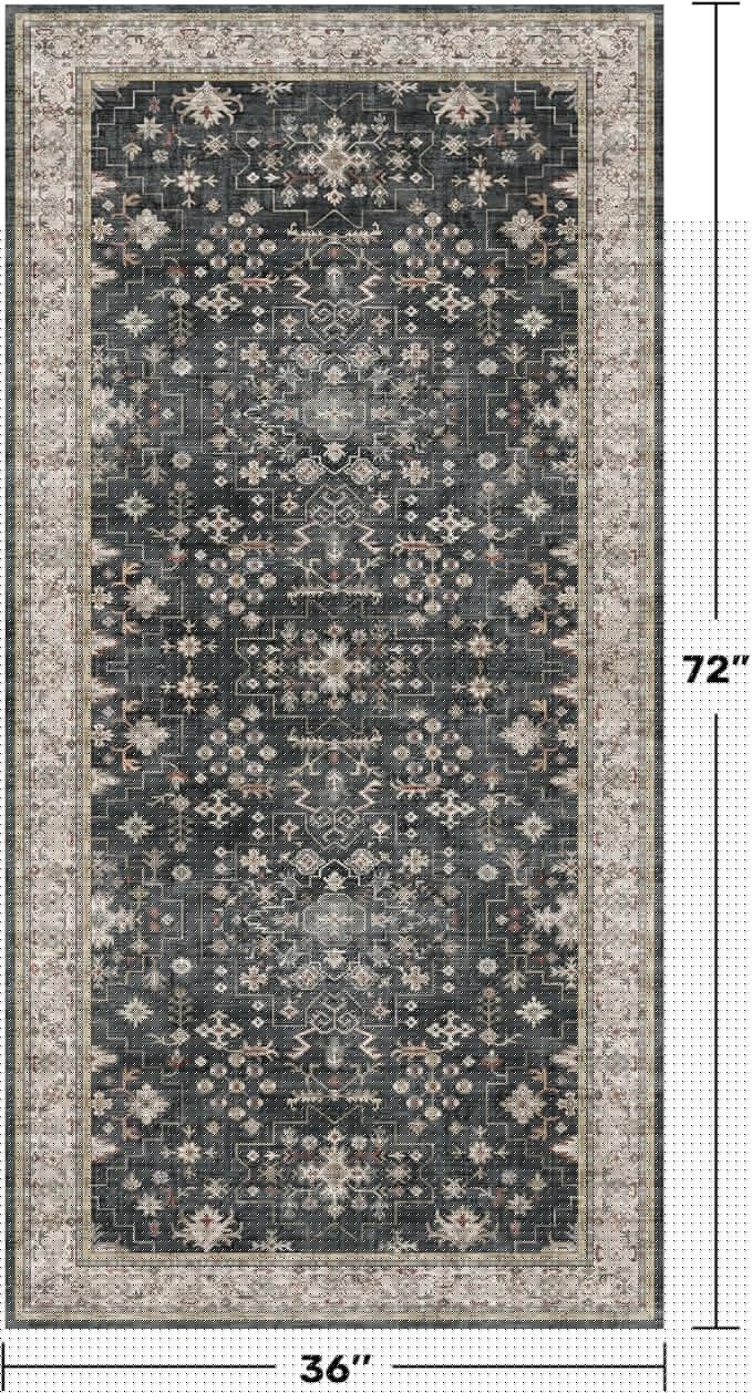 Black Boho Washable 3x6 Large Kitchen Runner Rug, Indoor Entryway Home Office Floor Rug, Non-Slip Stain & Fade Resistant, Vintage Floral Decor