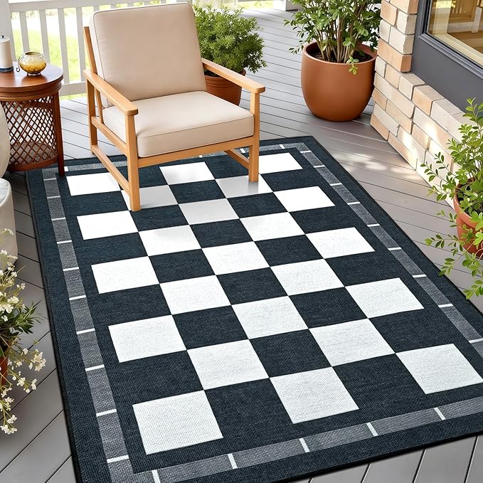 Vasofe Plaid 3x5 Outdoor Patio Rug,Checkered Jute Entryway Rugs, Washable Black and White Indoor Bedroom, Farmhouse Neutral Front Door Mat,Modern Carpet for Porch Patio Balcony Kitchen
