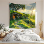 Xolytar Hobbit Style House Tapestry for Bedroom – Green Hill Garden Landscape Backdrop for Ring Lord Fans Party, Fantasy Birthday Decoration, Classroom Reading Corner Background (60x50)