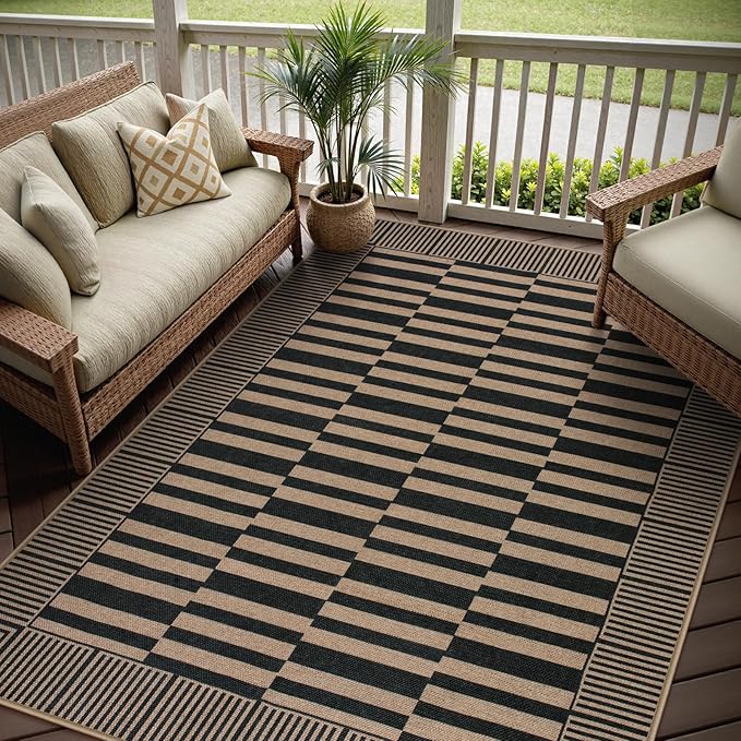 Beevia Striped 5x7 Black Jute Rug, Washable Outdoor Indoor Carpet for Living Room Dining Room, Farmhouse Modern Non-Slip Non-Shedding Rug for Patio Deck Porch Decor (Black, 5x7ft)