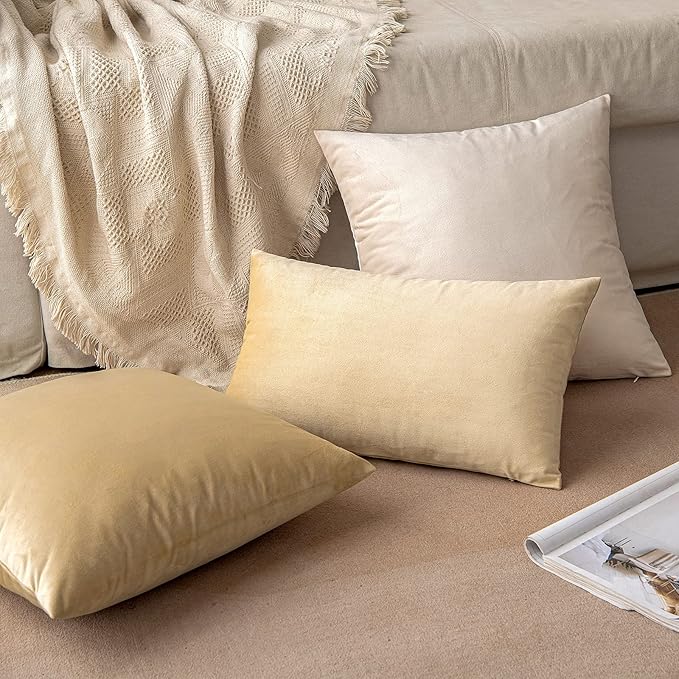 MIULEE Velvet Throw Pillow Covers 12x20 Inch, Pack of 2 - Beige, Soft Solid Lumbar Decorative Pillow Covers Modern Luxury Home Decor for Spring Couch Sofa Bedroom Livingroom
