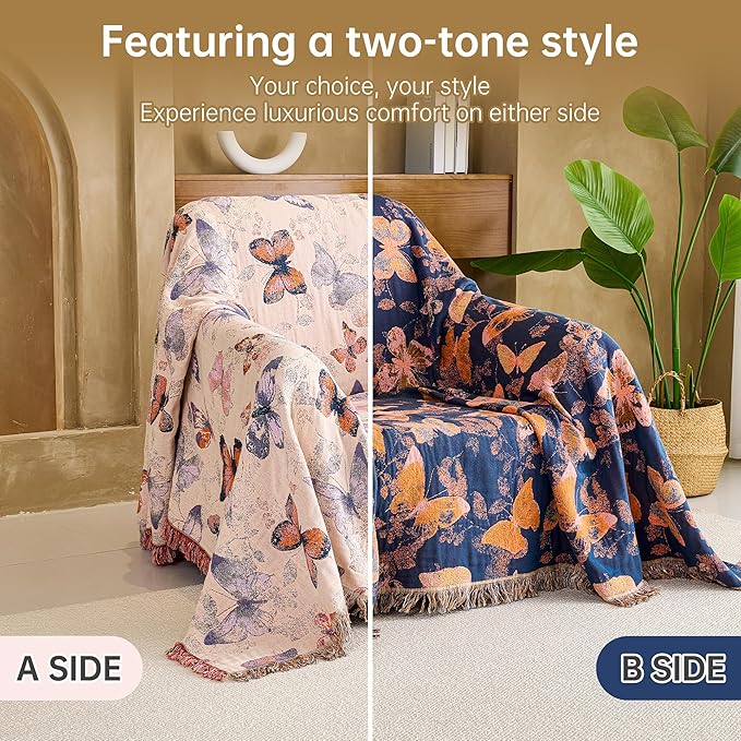 Boho Throw Blanket, 100% Organic Cotton Breathable Ultra Soft 60" x 80" Bed Quilt Throw - All Season Floral Rustic Farmhouse Decor Luxury Reversible Blanket for Sofa Couch Chair and Gift