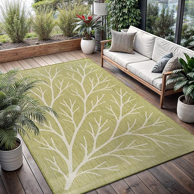 Washable Indoor Outdoor Rug 8x10 Modern Area Rugs Branch Pattern Non Shedding Waterproof Easy Clean Patio Deck Porch Living Room Bedroom Garden RV (8 X 10 Olive)