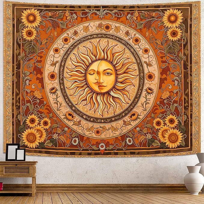 Accnicc Vintage Sun and Moon Tapestry Boho Yellow Orange Indie Wall Tapestry for Bedroom Aesthetic Sunflower Small Hippie Fall Tapestries Wall Hanging for Living Room Dorm 60 x 44 Inch