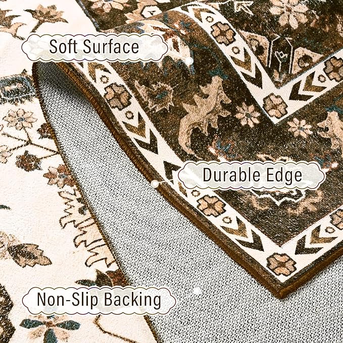 Amearea Vintage Design Area Rugs for Living Room, 6x9 Machine Washable Floral Collection Traditional Bedroom Rug, Low Pile Cute Kids Room Print Carpet, No Slip Office Kitchen Home Decor, Brown