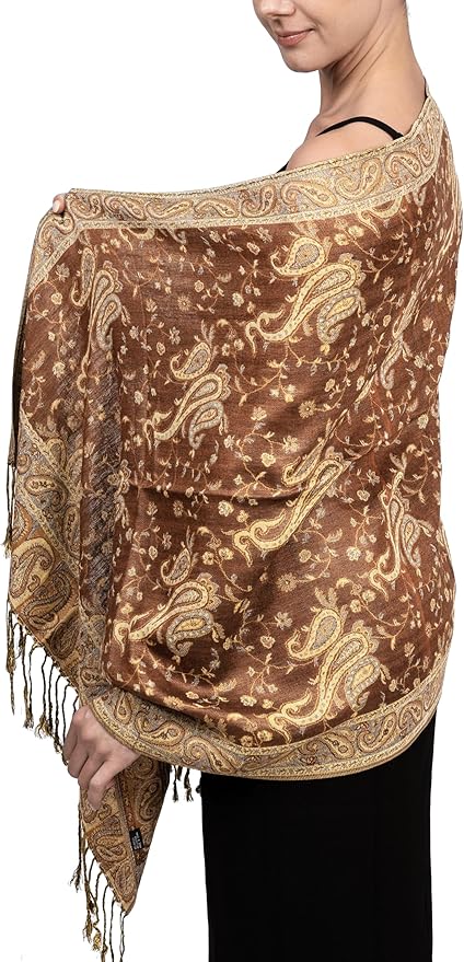 Achillea Reversible Paisley Pashmina Rave Scarf – Exotic Indian Shawls and Wraps for Evening Dresses, Festivals, All Seasons